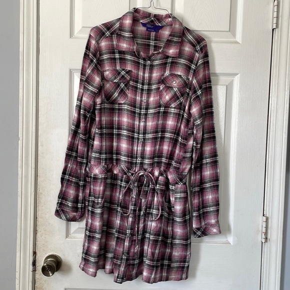 Miley Cyrus Maz Azaria purple plad plaid long sleeve button up collared dress L - Picture 1 of 16
